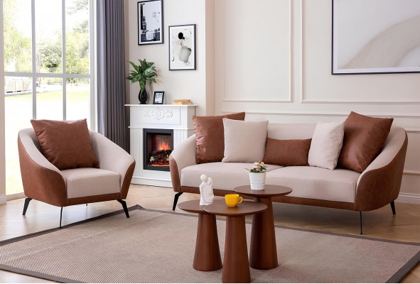 Brown-Beige Living Room Sofa Set Designer Three-Seater Luxury Armchair