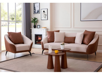 Brown-Beige Living Room Sofa Set Designer Three-Seater Luxury Armchair