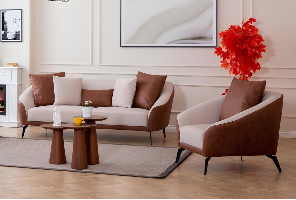 Brown-Beige Living Room Sofa Set Designer Three-Seater Luxury Armchair