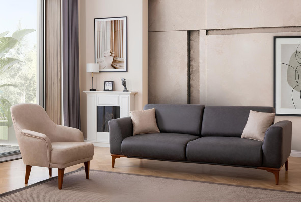 Black-Beige Living Room Designer Suite 3-Seater Armchair 2-Piece Set