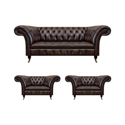 Luxury brown leather sofa set living room 2x armchairs three-seater couch Chesterfield