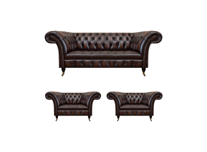 Luxury brown leather sofa set living room 2x armchairs three-seater couch Chesterfield
