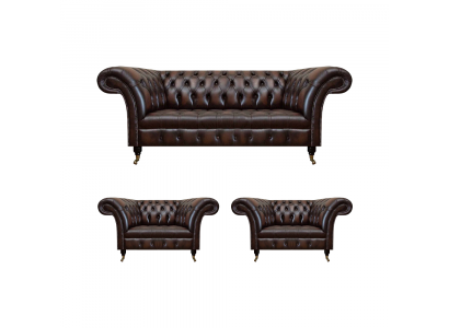 Luxury brown leather sofa set living room 2x armchairs three-seater couch Chesterfield