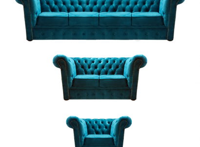 Blue New Sofa Set 3-piece Modern Textile Chesterfield Living Room Complete