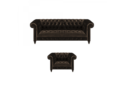 Brown Chesterfield Upholstery Set Designer 3-Seater Textile Armchair 2-piece