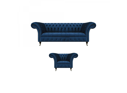 Blue Chesterfield Suite Designer Three-Seater Fabric Armchair 2-Piece Furniture