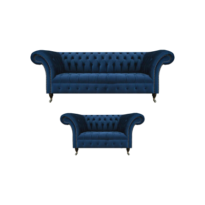 Noble Chesterfield Sofa Set Designer Blue Three-Seater Upholstery 2-Seater