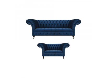 Noble Chesterfield Sofa Set Designer Blue Three-Seater Upholstery 2-Seater