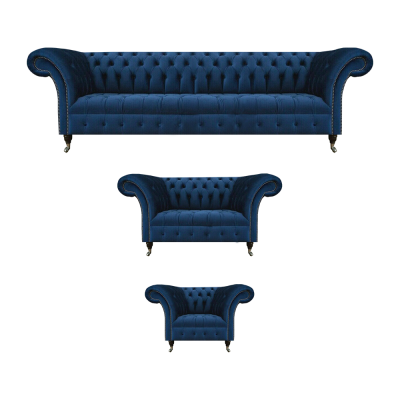 Complete dark blue Chesterfield couches designer armchair 4-seater 3-piece set