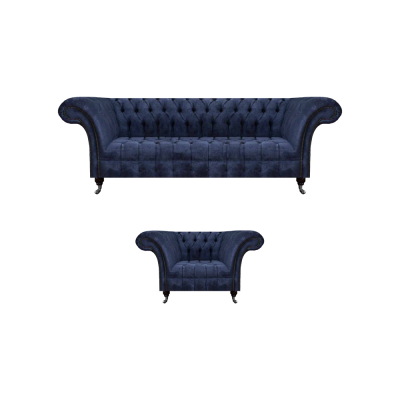Blue Chesterfield Fabric Living Room Upholstered Seating Furniture 2-Piece Set