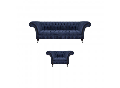 Blue Chesterfield Fabric Living Room Upholstered Seating Furniture 2-Piece Set