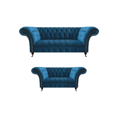 Stylish Chesterfield Sofa Set Blue Living Room Upholstered Couches