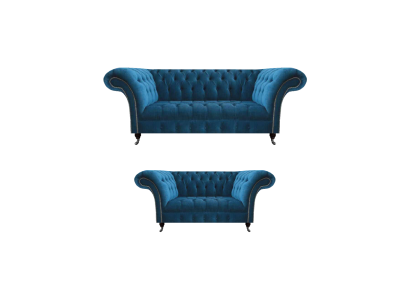 Stylish Chesterfield Sofa Set Blue Living Room Upholstered Couches