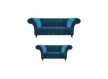 Stylish Chesterfield Sofa Set Blue Living Room Upholstered Couches