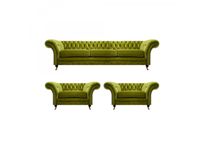 Olive green living room set Chesterfield upholstered sofa 2x armchairs 3-piece
