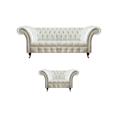 Modern Chesterfield White Fabric Couch Exclusive Living Room Armchair 2-piece Set