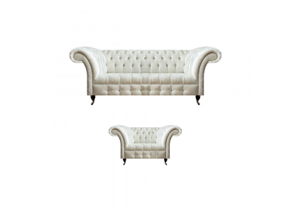 Modern Chesterfield White Fabric Couch Exclusive Living Room Armchair 2-piece Set