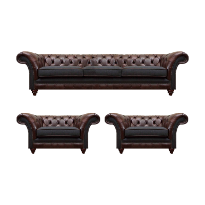 Brown-Grey Chesterfield Suite 2x Leather Armchairs Three-Seater 3-piece Set