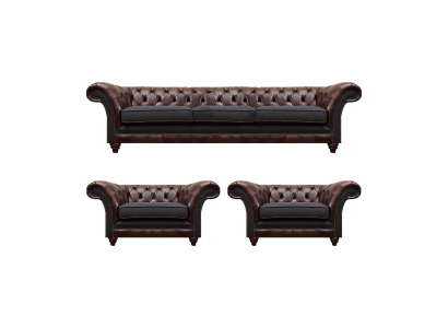 Brown-Grey Chesterfield Suite 2x Leather Armchairs Three-Seater 3-piece Set
