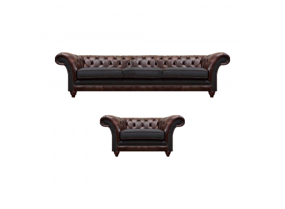 Chesterfield brown leather sofa set three-seater elegant upholstered armchair