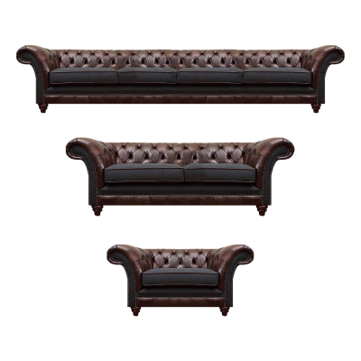 Brown-gray Chesterfield couches armchair living room complete furniture set 3-piece.
