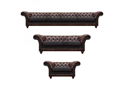 Brown-gray Chesterfield couches armchair living room complete furniture set 3-piece.