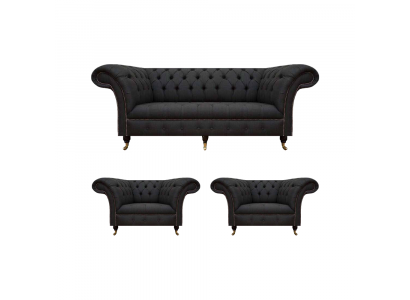 Modern Chesterfield Black Set Designer 2x Fabric Armchairs 3-Seater