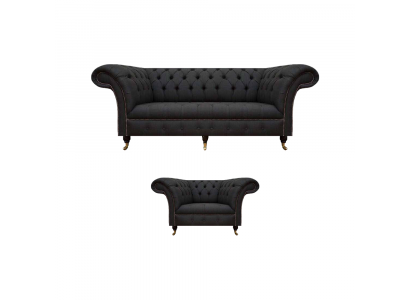 Chesterfield Black Fabric Set Designer 3-Seater Upholstered Armchair 2-piece Set