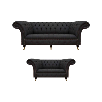 Complete black Chesterfield set designer three-seater modern 2-seater