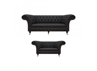Complete black Chesterfield set designer three-seater modern 2-seater