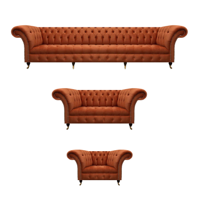 Brown Chesterfield Upholstered Suite Designer Complete Sofa Set 3 pcs Set