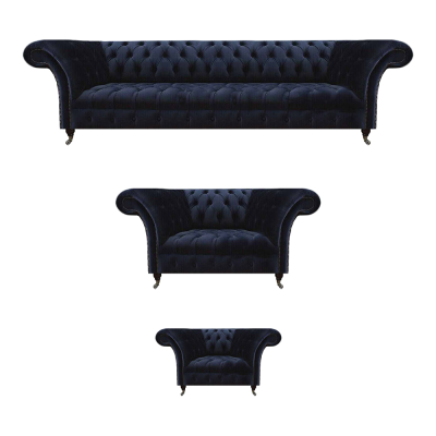 Living room Chesterfield couches dark blue upholstery suite 3-piece set