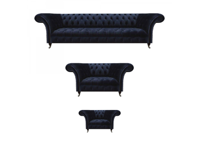 Living room Chesterfield couches dark blue upholstery suite 3-piece set