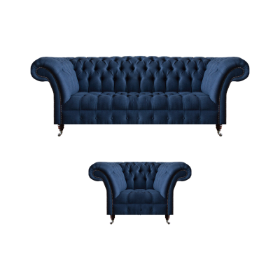 Dark blue living room 3-seater couch designer armchair noble 2-piece set