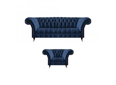 Dark blue living room 3-seater couch designer armchair noble 2-piece set