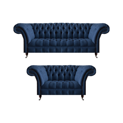 Blue Chesterfield sofa set textile couches three-seater two-seater 2-piece