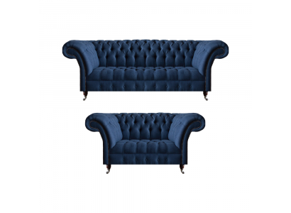 Blue Chesterfield sofa set textile couches three-seater two-seater 2-piece