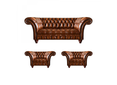 Brown living room Chesterfield set 2x leather armchairs elegant three-seater