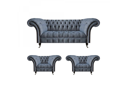 Chesterfield set gray upholstered furniture 2x armchair three-seater sofa