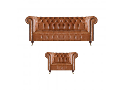 Brown stylish Chesterfield leather sofas complete 2-piece couch set