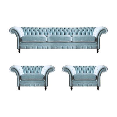 Chesterfield Upholstered Seating Blue Sofa Set 3-Seater 2x Armchair