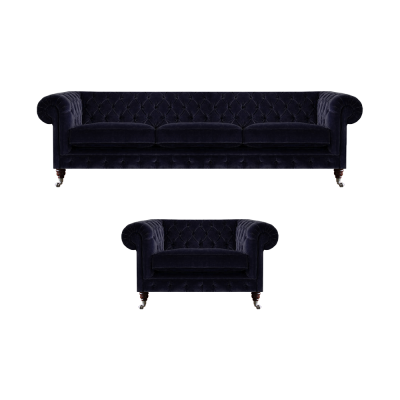 Luxurious Chesterfield sofas dark blue textile three-seater elegant armchair