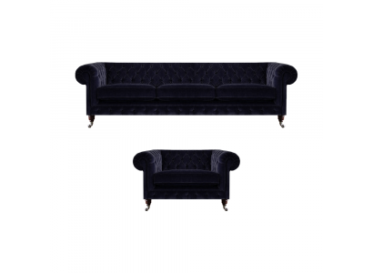 Luxurious Chesterfield sofas dark blue textile three-seater elegant armchair