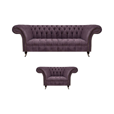 Chesterfield Lilac Living Room Sofa Set Elegant 3-Seater Fabric Armchair
