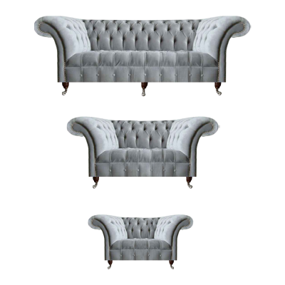Light gray Chesterfield fabric sofas, designer three-seater armchair seating furniture.