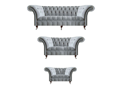 Light gray Chesterfield fabric sofas, designer three-seater armchair seating furniture.