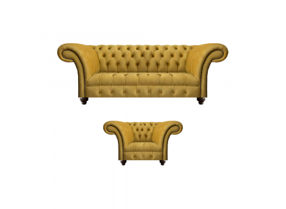 Luxurious Chesterfield Yellow Couch Fabric Armchair Modern 3-Seater 2-Piece Set