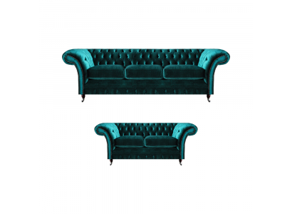 Green Chesterfield upholstered sofas living room 2x sofas two-seater 3-seater