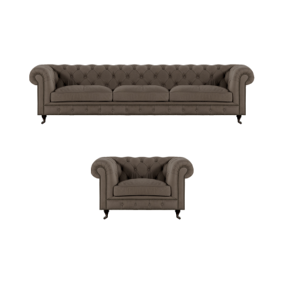 Light gray Chesterfield upholstered furniture, elegant textile couches, luxury armchairs