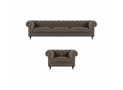 Light gray Chesterfield upholstered furniture, elegant textile couches, luxury armchairs